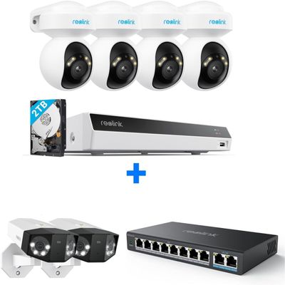 Reolink Camera System with PT Auto-Tracking, 4K Power Over Ethernet Cameras Home Surveillance Wired Outdoor, Smart Detection, Spotlights, 8CH NVR 2TB HDD, RLK8-800PT4 with 2X Duo 3 PoE & a PoE Switch