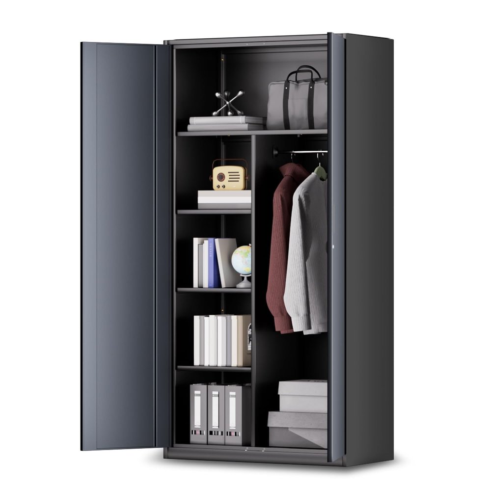 Auto Dynasty Metal Storage Cabinet, 72" Lockable Cabinet with Removable Shelves, Steel Cabinets Locker with Doors for Home Room Office Gym, Gray/Black