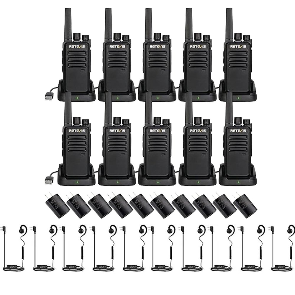 Retevis RT68 Two Way Radio(10 Pack) with Swivel Walkie Talkie Headset(10 Pack), Compact, Rugged, Heavy Duty 2 Way Radios Rechargeable with USB Charging Base