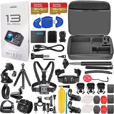GoPro HERO13 (Hero 13) Black - Action Camera with 5.3K, 27MP Photos, Live Streaming, Webcam + 2X 128GB Card, 50 Piece Accessory Kit - Bundle