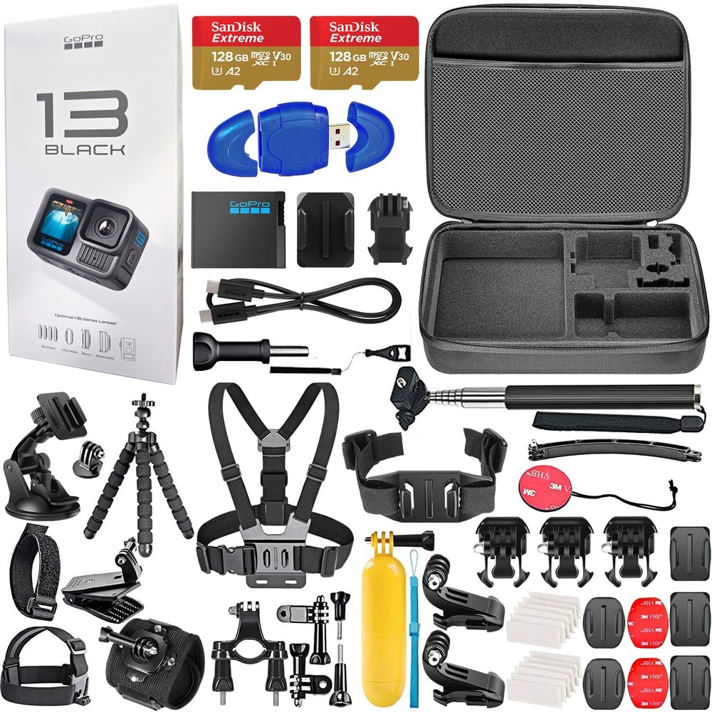GoPro HERO13 (Hero 13) Black - Action Camera with 5.3K, 27MP Photos, Live Streaming, Webcam + 2X 128GB Card, 50 Piece Accessory Kit - Bundle