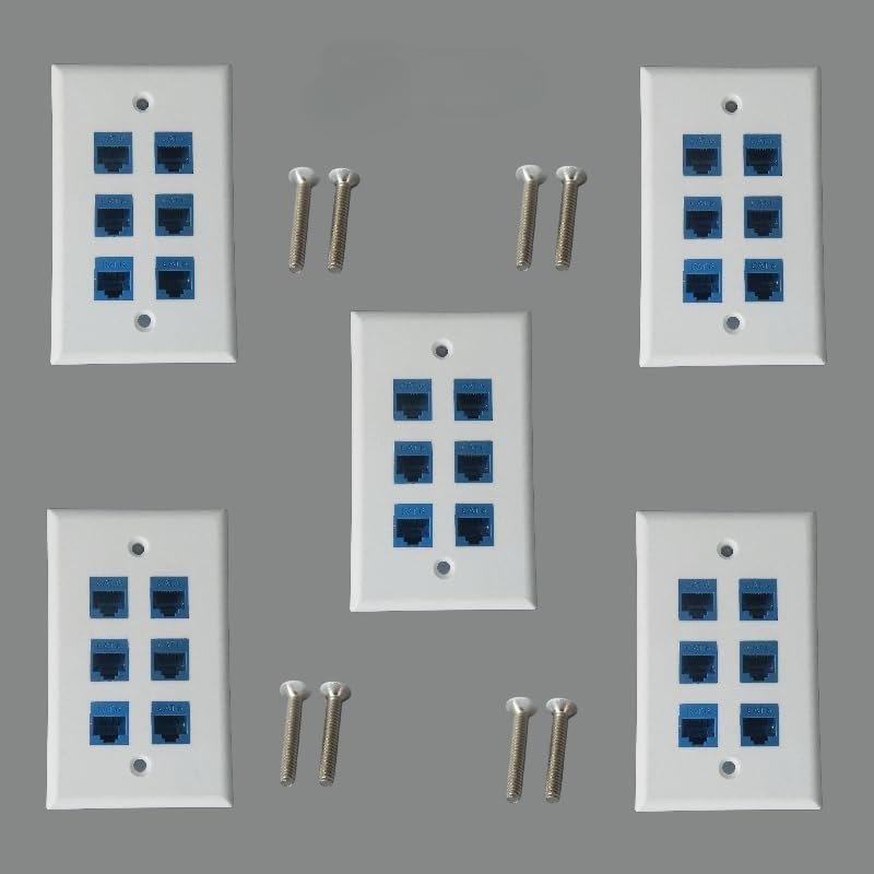 5 pieces Cat 6 Ethernet wall panel with 6 ports, Ethernet wall panel female female detachable compatible with Cat7/6/6e/5/5e Ethernet (1 wall panel and 6 port)
