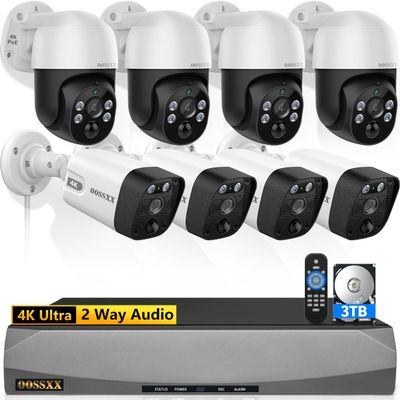 (2026 New) 4K PoE Security Camera System with 8 Cameras (4 Bullet + 4 PTZ), 8CH NVR 3TB HDD, AI Human Detection, 2-Way Audio, Free App, No Monthly Fee