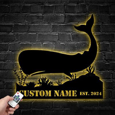 Custom Sperm Whale Cachalot Metal Wall Art With LED Light, Personalized Name Sign Decoration For Room, Whale Lover Wall Metal LED Deco Gift (Design 10)