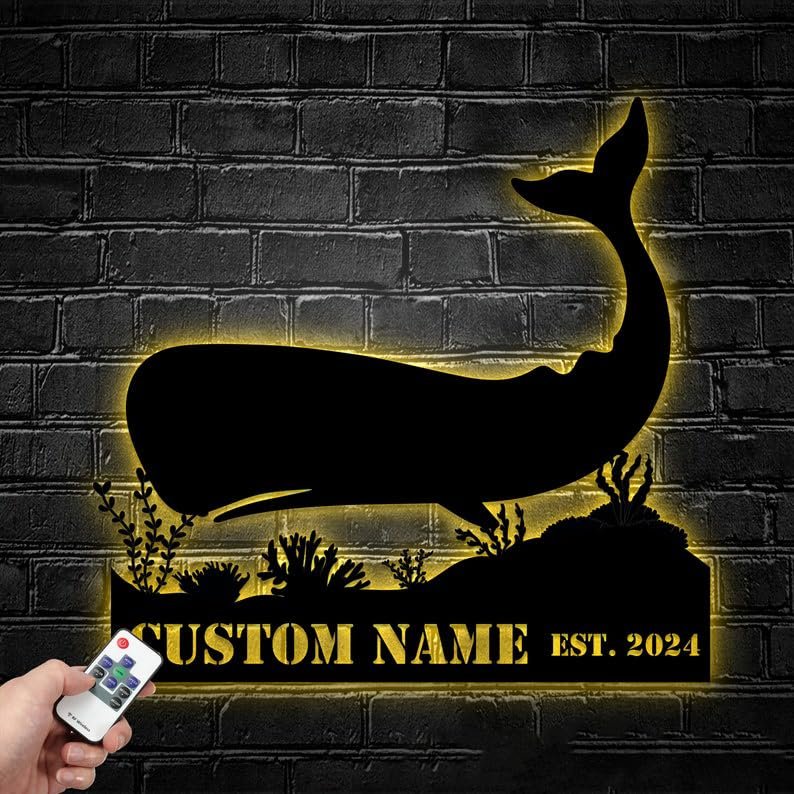 Custom Sperm Whale Cachalot Metal Wall Art With LED Light, Personalized Name Sign Decoration For Room, Whale Lover Wall Metal LED Deco Gift (Design 10)