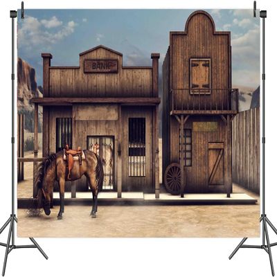 10x8ft Western Vintage Cowboy Bank Backdrop, Wild West Wooden House Photography Pictures Background, Retro Old Horse Barn Western Cowboy Theme Party Decor Banner Props