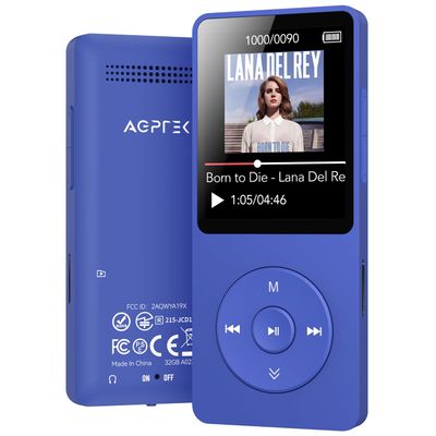 AGPTEK A02 MP3 Player with Bluetooth 5.3, 1.8 inch Screen Portable Music Player with Speaker, FM Radio, Voice Recorder, Supports Expanded Up to 128GB(Blue, 32GB)