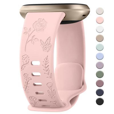 AK Floral Engraved Band Compatible with Fitbit Sense 2 / Sense Bands/Fitbit Versa 4 / Versa 3 Bands Women Men, Soft Sport Replacement Wristbands for Fitbit Sense 2 / Sense/Versa 4 / Versa 3 Smart Watch (Light Pink)