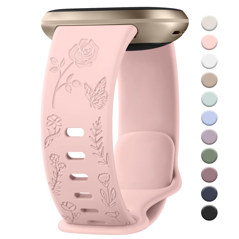 AK Floral Engraved Band Compatible with Fitbit Sense 2 / Sense Bands/Fitbit Versa 4 / Versa 3 Bands Women Men, Soft Sport Replacement Wristbands for Fitbit Sense 2 / Sense/Versa 4 / Versa 3 Smart Watch (Light Pink)