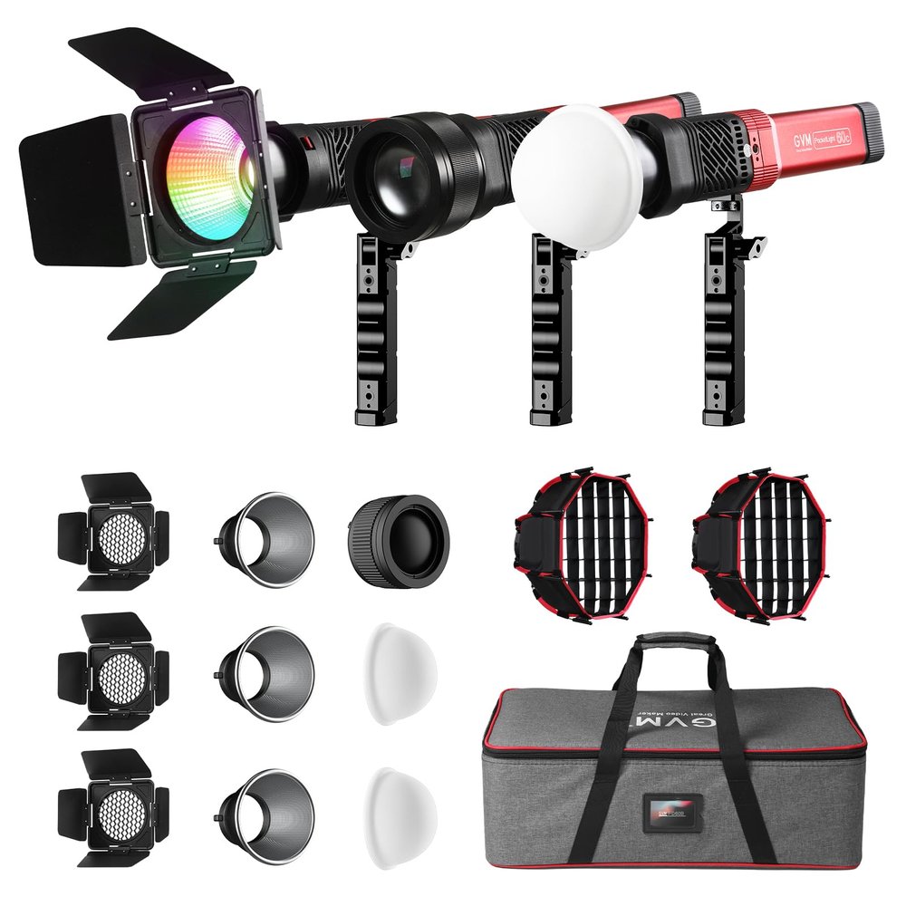 GVM PD60C RGB Video Light, 3 Packs 60W COB Photography Lighting with Softbox, Portable Studio Light, IP65 Water Resistant Handheld Spotlight for Photographers, 2700-6800K, 34200lux/0.5m