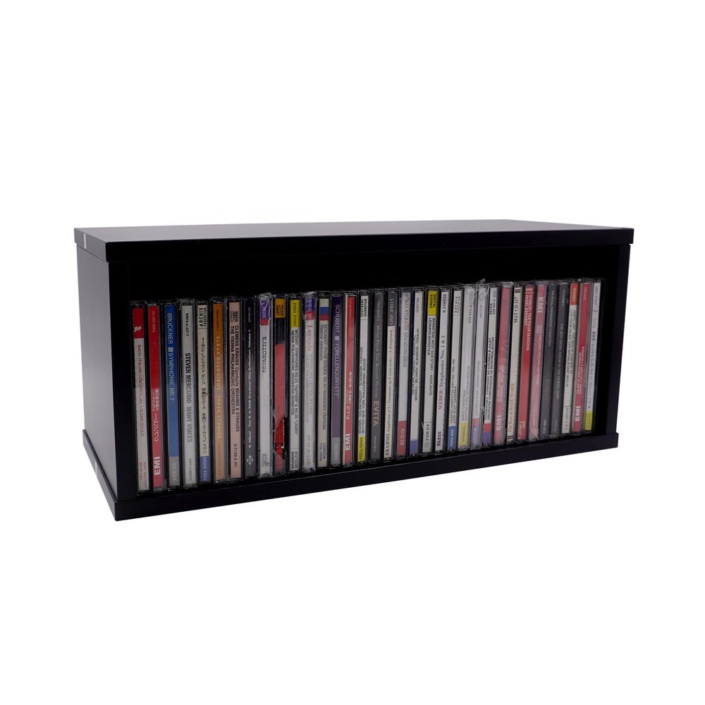 MayRecords Black Cd Storage Box, 15.67 x 6.77 x 6.38 Inch Cd Rack, Stackable Cd Organizer, Holds Up To 35 CDs for Living Room, Bedroom, Office (Black)