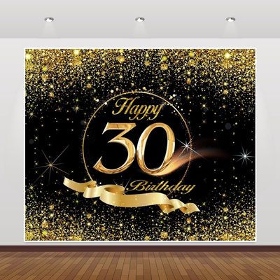 10x7ft Vinyl Happy 30th Birthday Backdrops for Photoshoot Black Gold Birthday Photography Backdrop Golden Ribbon Glitter Dots Photo Backdrop 30th Birthday Party Background Decorations Props