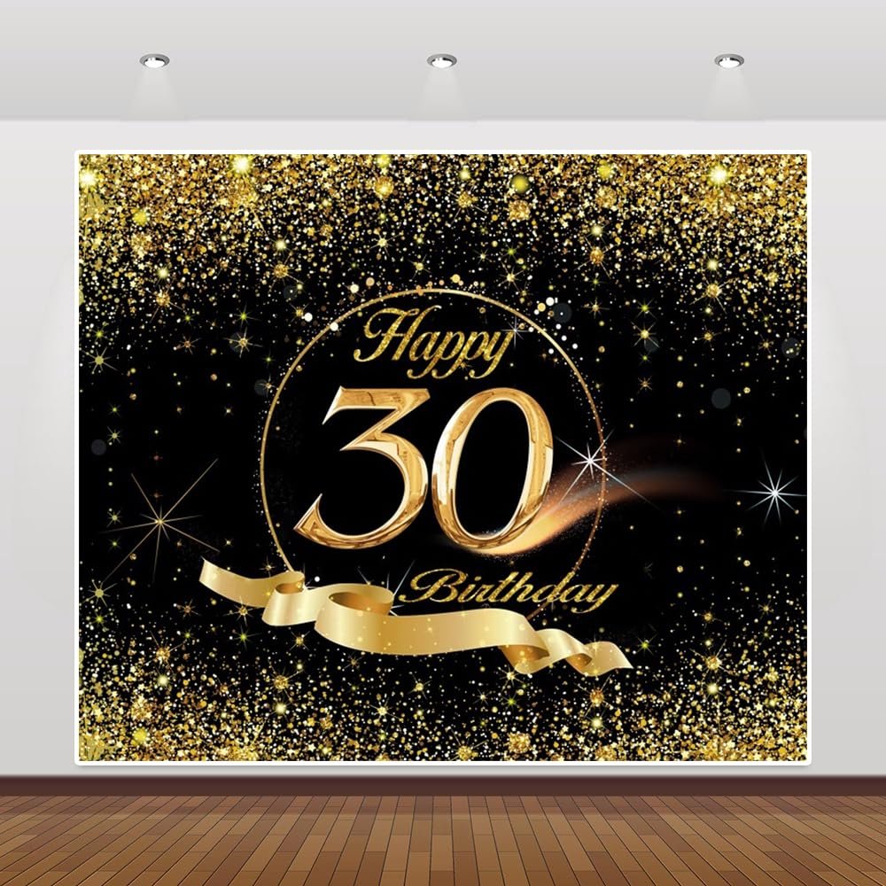 10x7ft Vinyl Happy 30th Birthday Backdrops for Photoshoot Black Gold Birthday Photography Backdrop Golden Ribbon Glitter Dots Photo Backdrop 30th Birthday Party Background Decorations Props