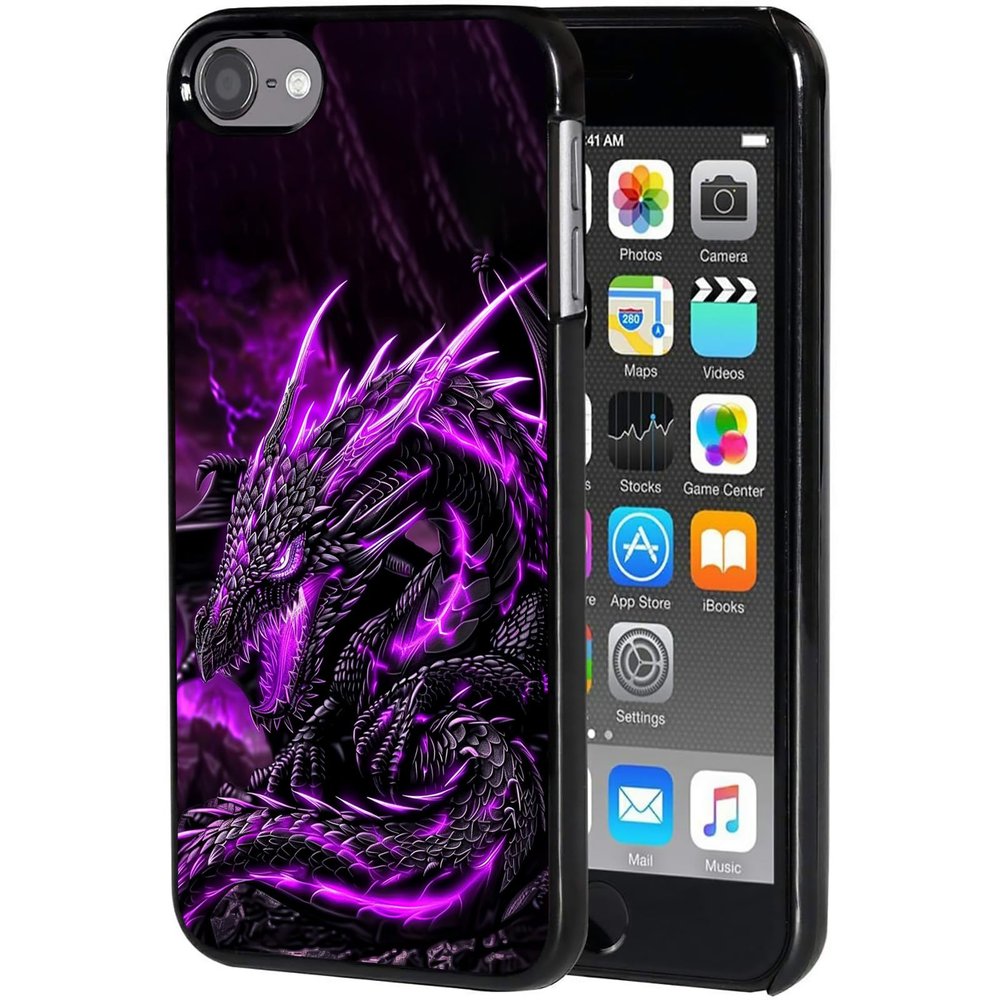 AIRWEE Slim Back Cover Hard Plastic Protector Case for iPod Touch 5/6/7 Generation, Black Purple Dragon