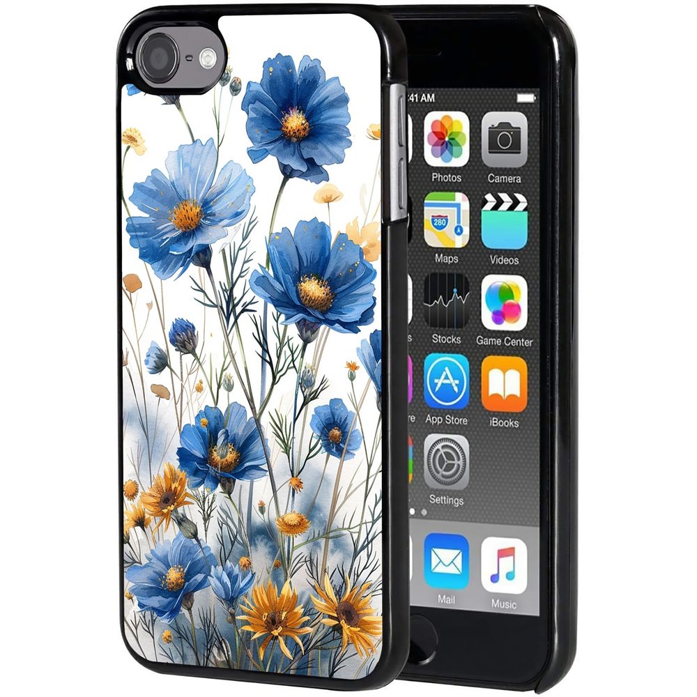 AIRWEE Slim Back Cover Hard Plastic Protector Case for Apple iPod Touch 5th/6th/7th Generation for Women Girl Men, Blue Wildflower