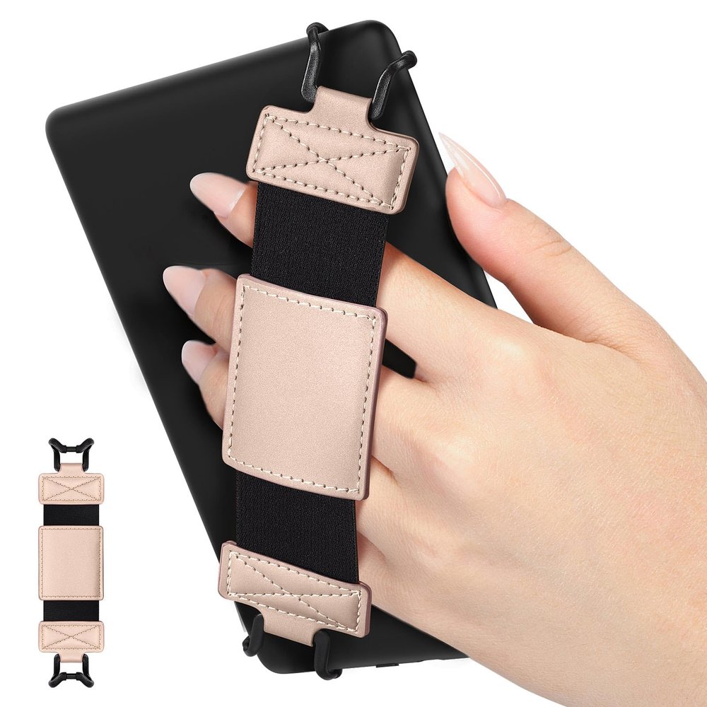 MoKo Soft Hand Strap for 6-8" Kindle eReaders Fire Tablet Kindle/Kobo/Voyaga/Sony Kindle E-Book Tablet, Black High-Elasticity Versatile Hand Strap Lightweight Finger Grip Holder, Rose Gold