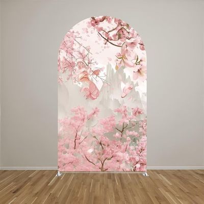 Aerdce Spring Pink Floral Arch Backdrop Cover Castle Theme Stretchy Arched Stands Covers for Princess Birthday Party Fairy Tale and Fantasy Events Decoration(Only Cover)