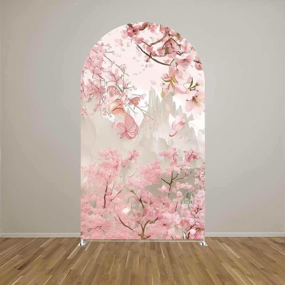 Aerdce Spring Pink Floral Arch Backdrop Cover Castle Theme Stretchy Arched Stands Covers for Princess Birthday Party Fairy Tale and Fantasy Events Decoration(Only Cover)