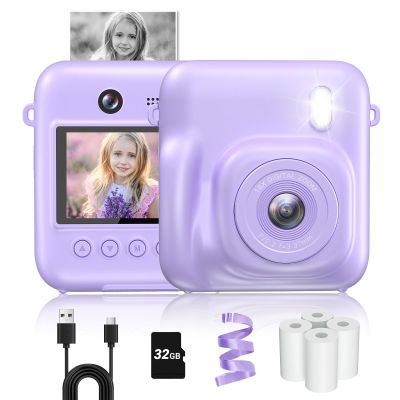 Kids Camera Instant Print for Girls Boys with Print Paper & 32GB Card, Age 3-12 Kids Toys Christmas Birthday Gifts(Purple)