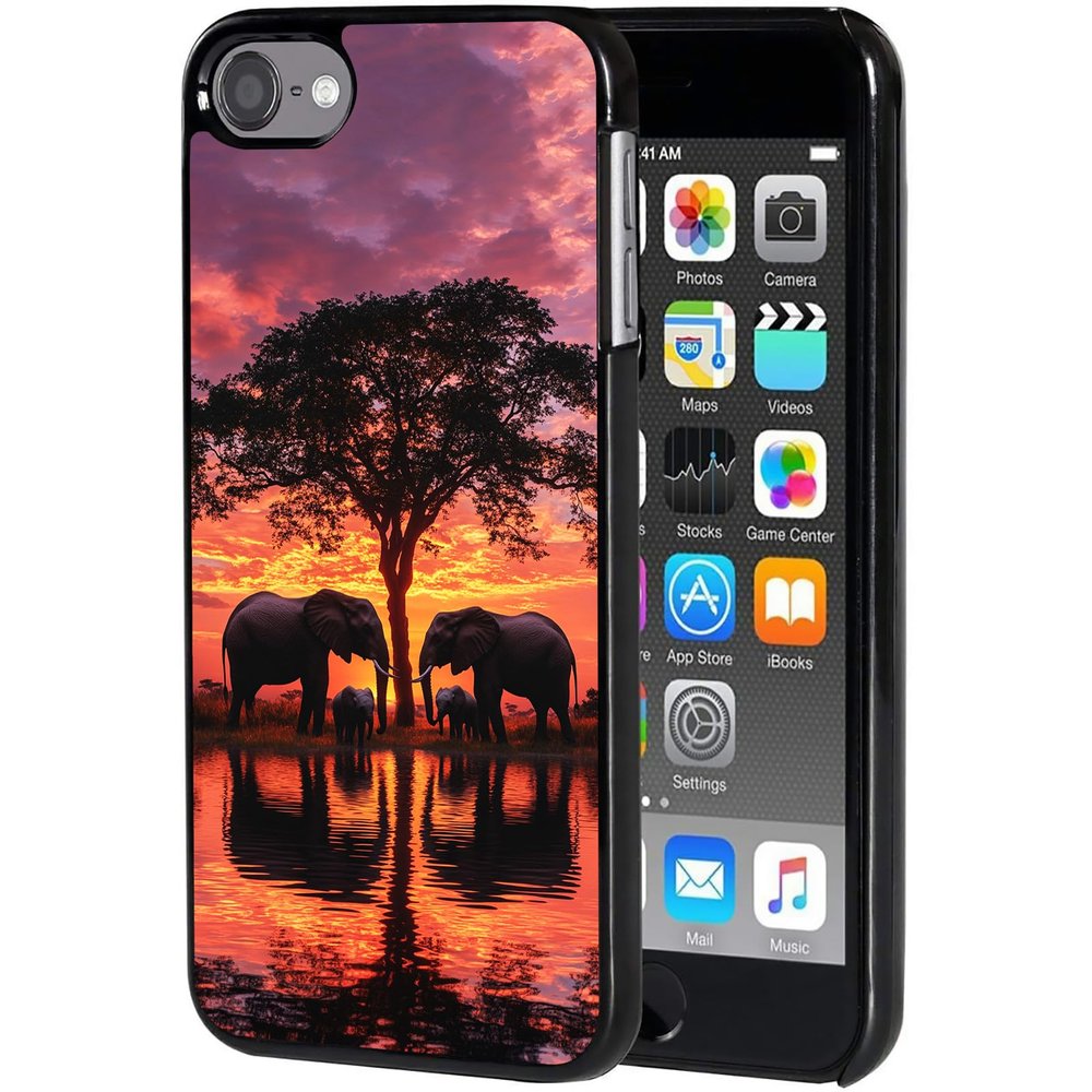 for iPod Touch 7 Case,Touch 6/5 Case,AIRWEE Slim Back Cover Hard Plastic Protector Case for Apple iPod Touch 5th/6th/7th Generation for Women Girl Men, Sunset Elephant