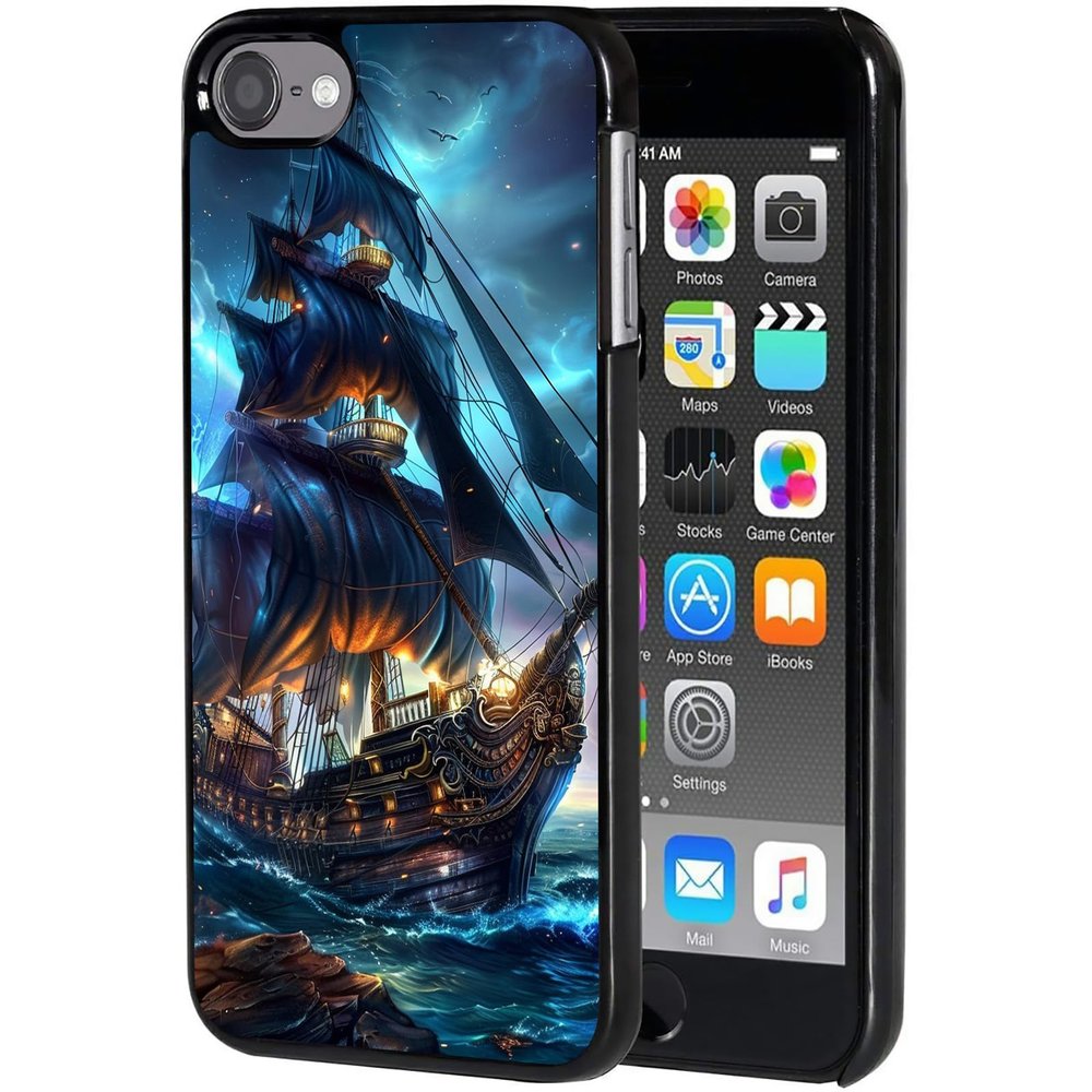 for iPod Touch 7 Case,Touch 6/5 Case,AIRWEE Slim Back Cover Hard Plastic Protector Case for Apple iPod Touch 5th/6th/7th Generation for Women Girl Men, Dark Pirate Ship