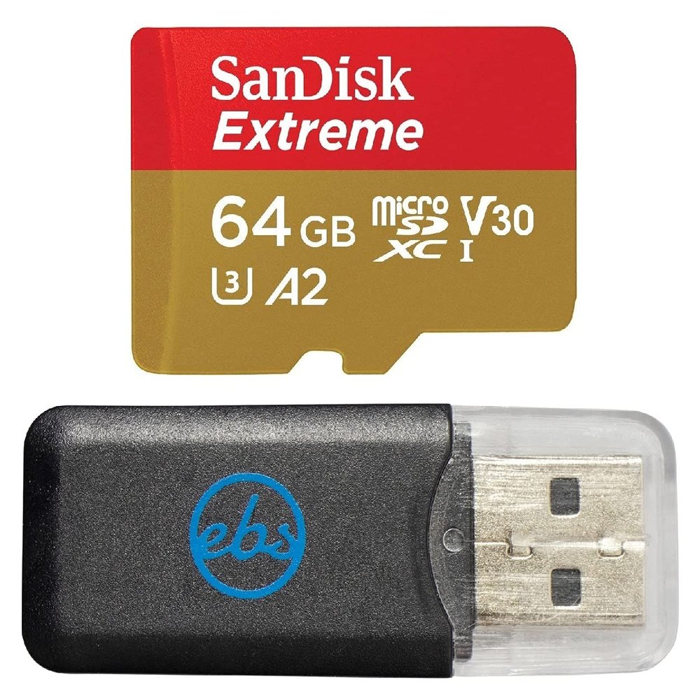 SanDisk 64GB Extreme MicroSDXC UHS-I Card Compatible with GoPro Hero (2024) and Hero 13 Action Cameras SDSQXAH-064G-GN6MN - Bundle with (1) Everything But Stromboli MicroSDXC Reader