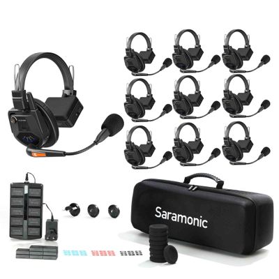 Saramonic WiTalk9-9S 9-Person 1.9GHz Full-Duplex Wireless Intercom System with Single-Ear Headsets, 500m Range, Expandable to 30 Users, Includes 18 Batteries, 10-Bay Charger, and Deluxe Carry Case