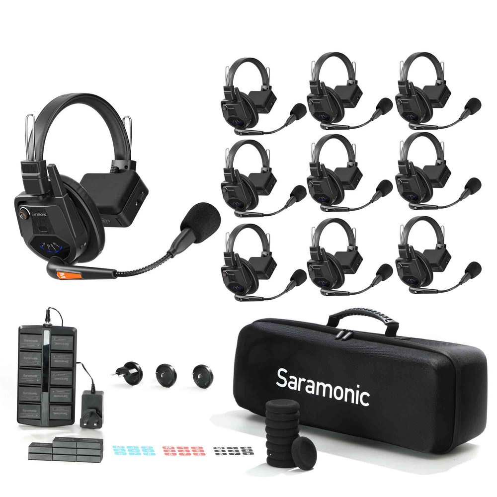 Saramonic WiTalk9-9S 9-Person 1.9GHz Full-Duplex Wireless Intercom System with Single-Ear Headsets, 500m Range, Expandable to 30 Users, Includes 18 Batteries, 10-Bay Charger, and Deluxe Carry Case
