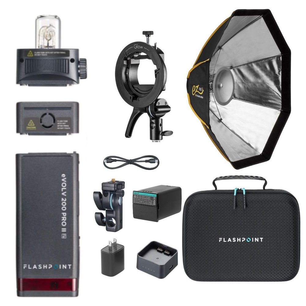 Flashpoint eVOLV 200 Pro II TTL Pocket Flash Kit with Glow EZ Lock Octa Small Quick Softbox (25") and S2 Bracket