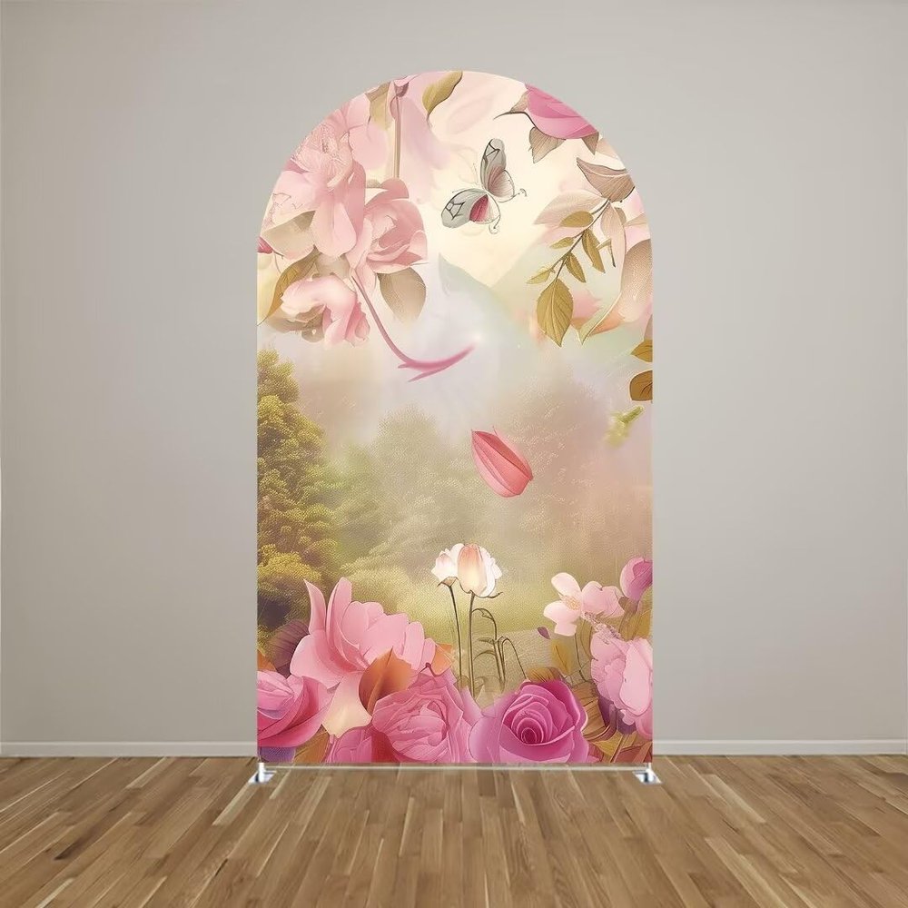 Aerdce Floral Fantasy Fairy Tale Wonderland Arch Backdrop Cover Castle Theme Stretchy Arched Stands Covers for Princess Birthday Party Decoration(Only Cover)