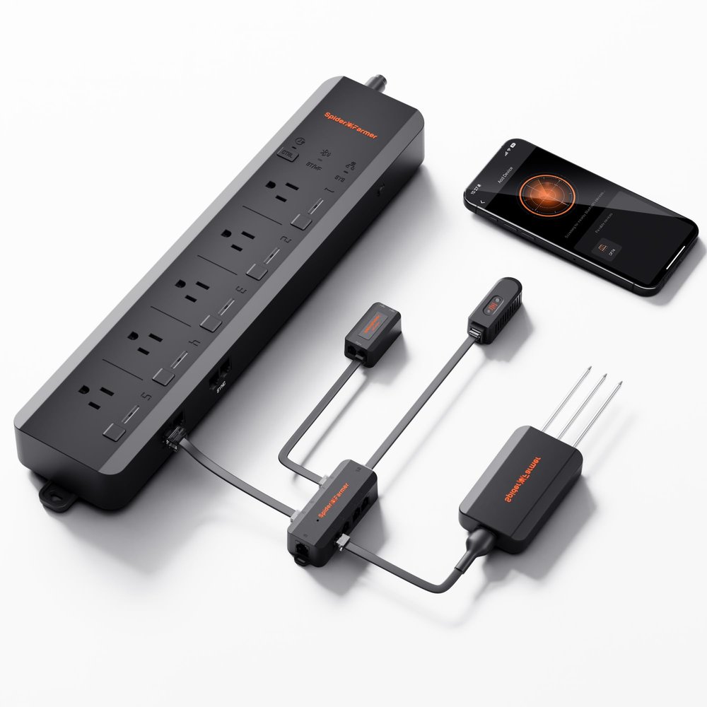 Spider Farmer GGS AC5 Power Strip Kits, 5 AC APP-Based Controls Outlets, 3 in 1 Soil Sensor, Temp Humid Light Sensor, for Indoor Grow Tent and Room