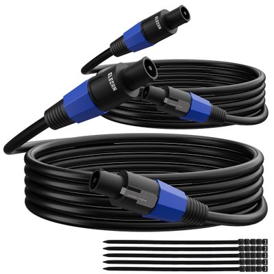 Elecan Professional Male Speakon to Speakon Cable 4 Ft/2 Pack, 12AWG Heavy-Duty High Power Audio Cord DJ/PA Amplifier Speaker Cable Wire with Twist Lock, 9.5mm OD, Black +Ties