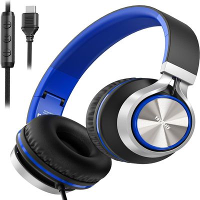 yoygerty Upgraded USB Type C Wired Headphones, Foldable Over-Ear Headphones with Mic and Volume Control, Hi-Fi Stereo Sound for Adults/Teens/Toddlers/Tablets/Travel(Blue)