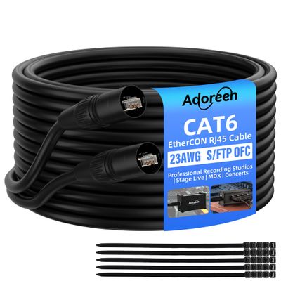 Adoreen Shielded Cat 6 Ethernet Cable 25 Ft EtherCON-Compatible RJ45 Connectors, 23 Gauge OFC EtherCON Cable, S/FTP, PVC&UV Jacket, Indoor&Outdoor for Pro Audio& Lighting, Video, Networking+Ties