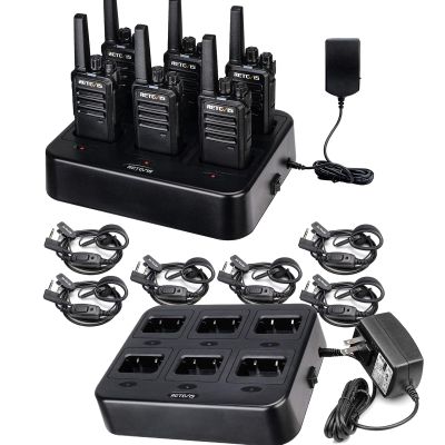 Retevis RT68 Walkie Talkies(6 Pack) Bundle with Six Way Charger(2 Pack) with Earpiece, Portable FRS Two-Way Radios Rechargeable, with 6 Way Multi Unit Charger, Hands Free