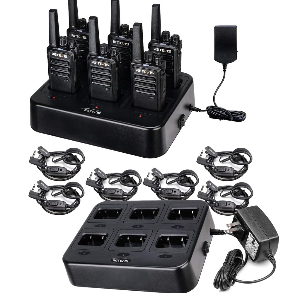 Retevis RT68 Walkie Talkies(6 Pack) Bundle with Six Way Charger(2 Pack) with Earpiece, Portable FRS Two-Way Radios Rechargeable, with 6 Way Multi Unit Charger, Hands Free