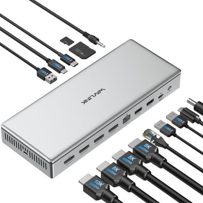 WAVLINK USB C DisplayLink (DL7400) Premium Docking Station with 4X DisplayPort, Dual 8K@60Hz,Quad 4K@60Hz for Windows 10/11 and Mac M1/M2/M3,100W PD Charging to Host, 2.5G Ethernet,USB C, SD4.0