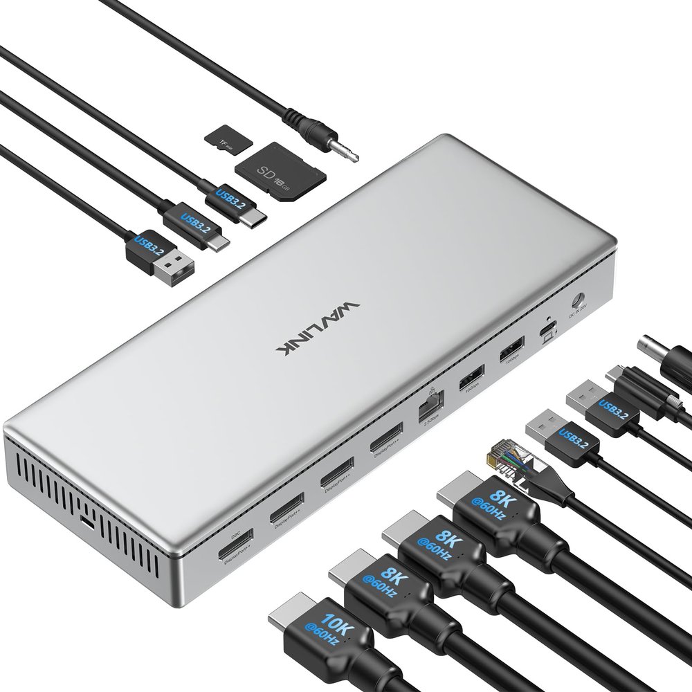 WAVLINK USB C DisplayLink (DL7400) Premium Docking Station with 4X DisplayPort, Dual 8K@60Hz,Quad 4K@60Hz for Windows 10/11 and Mac M1/M2/M3,100W PD Charging to Host, 2.5G Ethernet,USB C, SD4.0