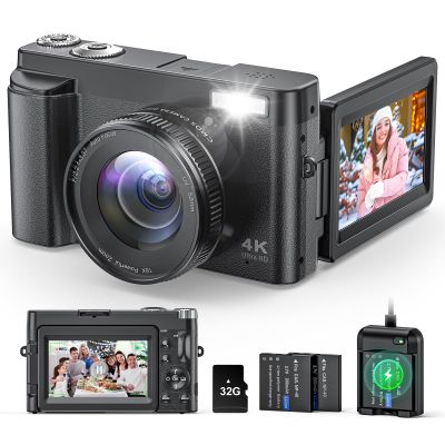 4K Digital Camera for Beginners & Teens, Autofocus 48MP Vlogging Camera for YouTube, 3'' 180Flip Screen Camera with Flash 16X Zoom, 32G Card Battery Charger Black, Easy to Use