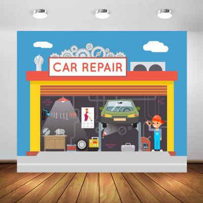 BELECO 5x3ft Fabric Car Repair Backdrop Cartoon Auto Repair Shop Mechanic Tools Garage Car Service Background for Party Decorations Kids Boys Birthday Photoshoot Studio Prop