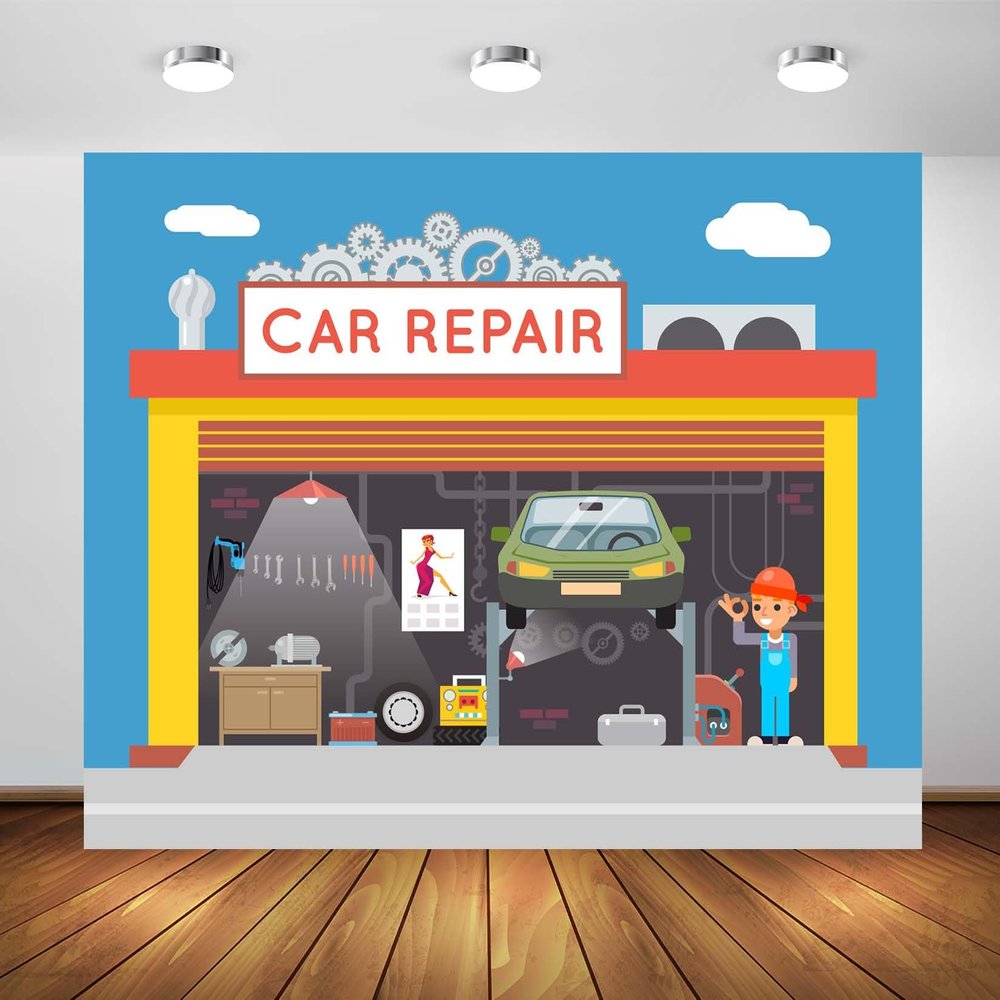 BELECO 5x3ft Fabric Car Repair Backdrop Cartoon Auto Repair Shop Mechanic Tools Garage Car Service Background for Party Decorations Kids Boys Birthday Photoshoot Studio Prop