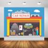 BELECO 5x3ft Fabric Car Repair Backdrop Cartoon Auto Repair Shop Mechanic Tools Garage Car Service Background for Party Decorations Kids Boys Birthday Photoshoot Studio Prop view 1