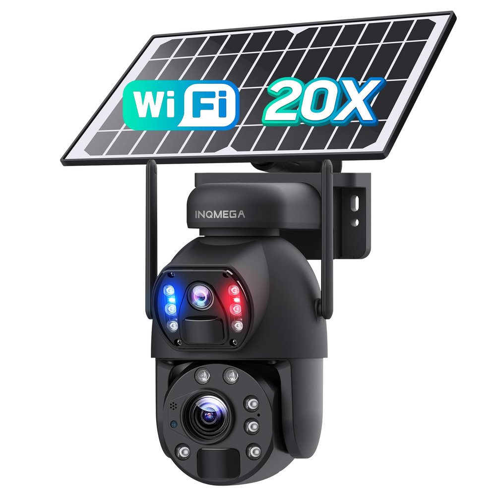 INQMEGA 2.4G WiFi 20X Optical Zoom 6MP Solar Security Camera with Dual-Lens,Solar Camera Wireless Outdoor,Siren Alarm,Color Night Vision,Dual Screen
