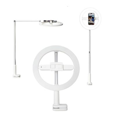 Ring Light with Stand & Phone Holder, Overhead Phone Mount with Light & Remote Controller, 360 Rotation Rechargeable Phone Stand for Recording, 5 Brightness Ring Light for Desk