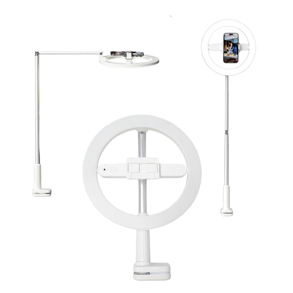 Ring Light with Stand & Phone Holder, Overhead Phone Mount with Light & Remote Controller, 360 Rotation Rechargeable Phone Stand for Recording, 5 Brightness Ring Light for Desk