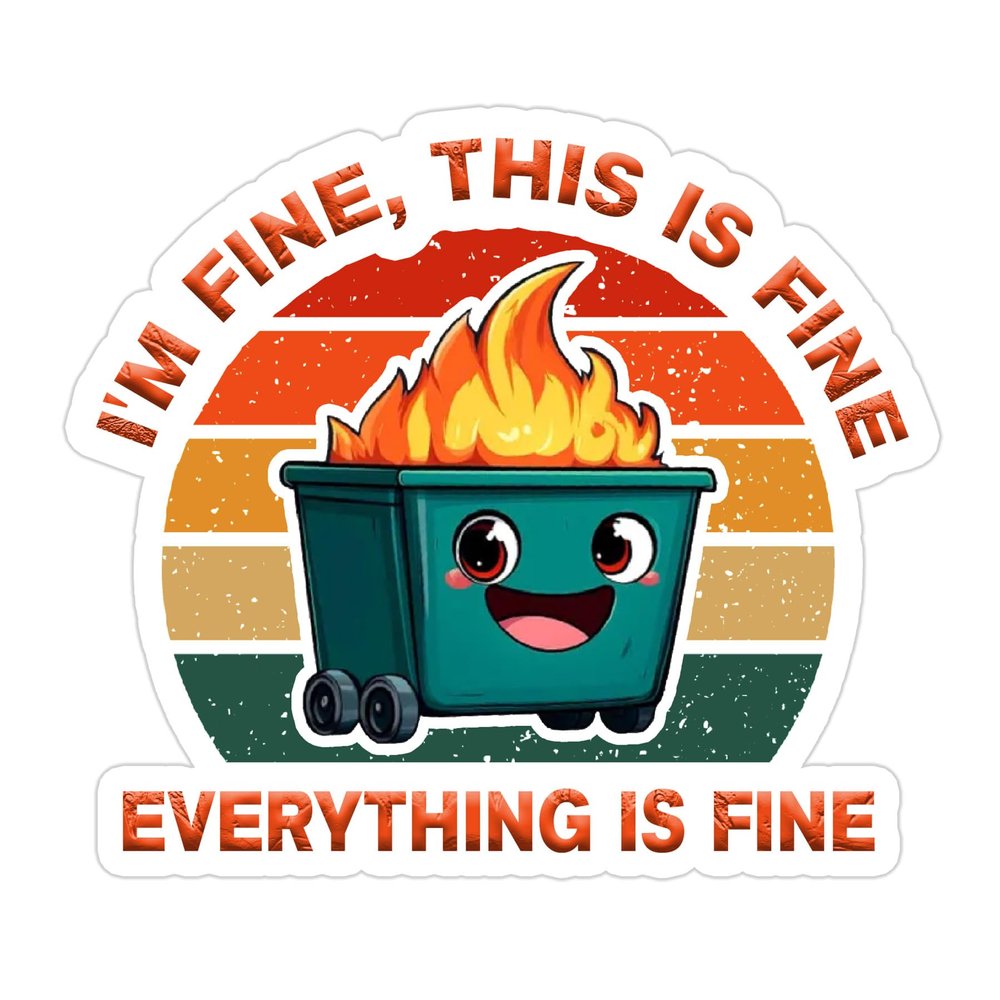 (4Pcs) I'm Fine, This is Fine, Everything is Fine Sticker Dumpster Fire 2.5In Waterproof Vinyl Decal Sticker Laptop, Cars, Bumper, Toolboxes, Cup, Water Bottles, Phone, Kindle Gifts 2.5 Inches
