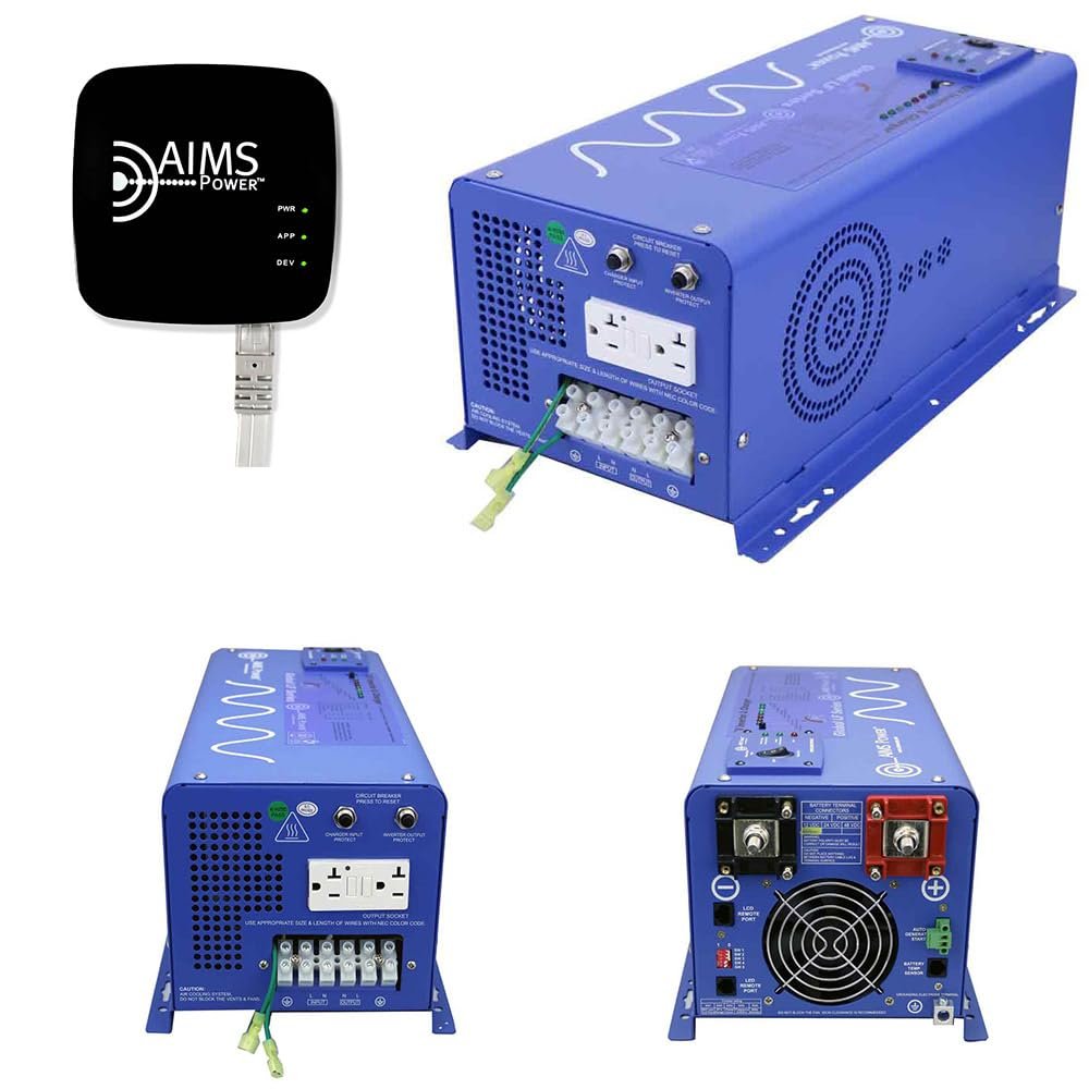 AIMS Power 3000 Watt Pure Sine Inverter Charger 12 Volt DC to 120 Volt AC with AIMS Pro Bluetooth Device Monitor