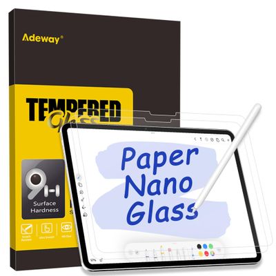 Adeway iPad Pro 11 inch Screen Protector (2024, M4, 7th Gen), [Tempered Glass & Like Paper]-Ideal for Notetaking, Drawing, and Sketching, Anti-Glare, Easy Installation, 2 Pack