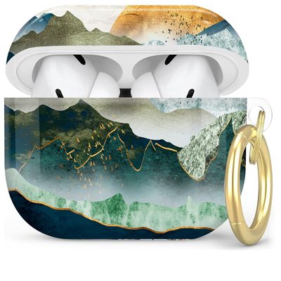 Compatible with AirPod Pro 2nd/1st Generation Case Cover with Key Chain,Full Protective Shockproof Wireless Headphone Case for Airpod Pro 2023/2022/2019(Green Golden Mountain Sunset)