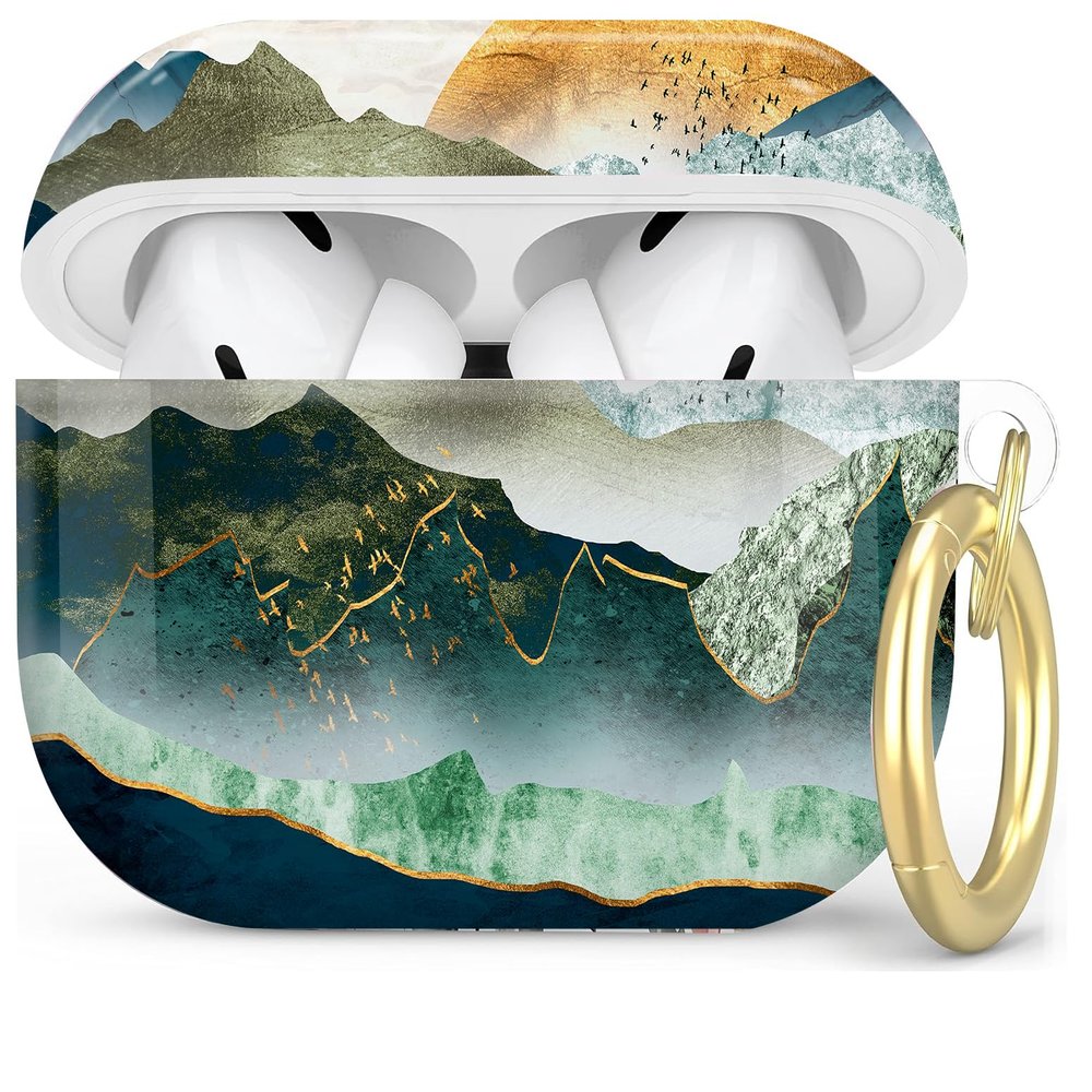 Compatible with AirPod Pro 2nd/1st Generation Case Cover with Key Chain,Full Protective Shockproof Wireless Headphone Case for Airpod Pro 2023/2022/2019(Green Golden Mountain Sunset)